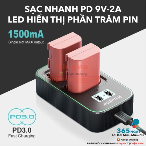 Bộ Sạc Đôi KingMa LP-E6.E6N.E6NH Phiên Bản Sạc Nhanh Gấp 1.8 Lần . For EOS 5D Mark II/III/IV, 6D/6D Mark II, 7D/7D Mark II, 80D, 90D, R, R5, R6, R6 Mark II, R7...
