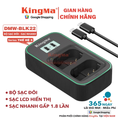 Bộ Sạc Đôi KingMa DMW-BLK22 Thế Hệ 5 Phiên Bản Sạc Nhanh Gấp 1.8 Lần . ForLumix GH5 II, GH6, S5, S5 II, S5 II X,...