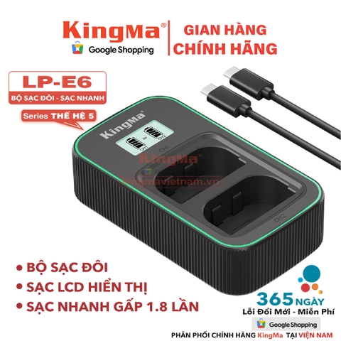 Bộ Sạc Đôi KingMa LP-E6.E6N.E6NH Phiên Bản Sạc Nhanh Gấp 1.8 Lần . For EOS 5D Mark II/III/IV, 6D/6D Mark II, 7D/7D Mark II, 80D, 90D, R, R5, R6, R6 Mark II, R7...