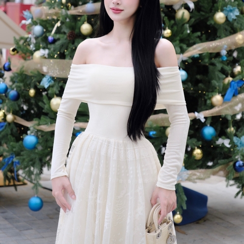 Đầm trễ vai tay dài cao cấp phối ren