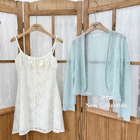 Đầm 2 dây ren cột nơ ngực kèm khoác ngoài