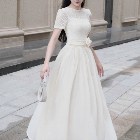 Đầm cổ tròn phối ren dáng dài xoè cao cấp tay ngắn đi tiệc 3 màu kem/ trắng/đen