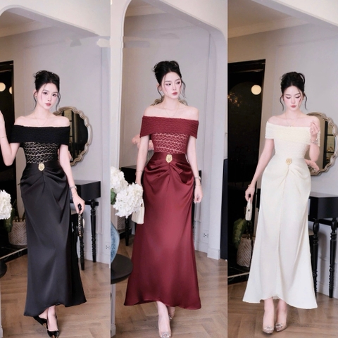 Đầm thiết kế trễ vai dáng dài nhấn eo đính đá