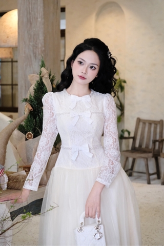 Đầm cổ tròn đính 3 nơ đi tiệc sang chảnh cao cấp