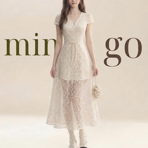 Đầm thiết kế cổ V nơ eo phối ren dài