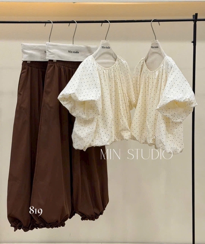 Set áo babydoll tay phồng kèm quần bo chân