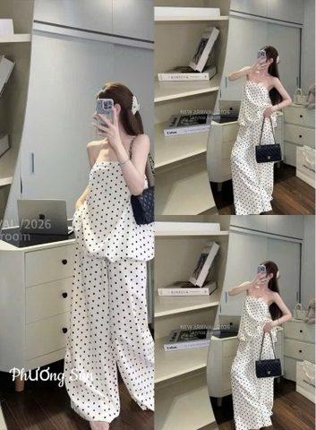 Set kiểu chấm bi áo ống quần suông rộng