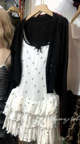 Đầm 2 dây nơ tầng kèm khoác pl