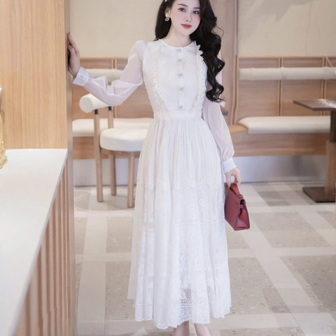Đầm thiết kế tơ tay dài dáng xoè cao cấp tặng cài nơ