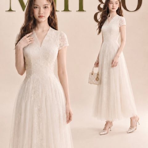 Đầm thiết kế ren tay ngắn tùng xoè