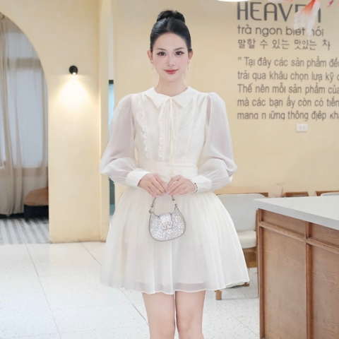 Đầm tơ chân xoè phối ren thiết kế ngắn tay dài đi tiệc