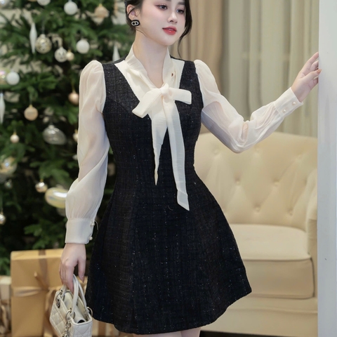 Đầm dạ tay voan voan dáng chữ A cổ dây nơ