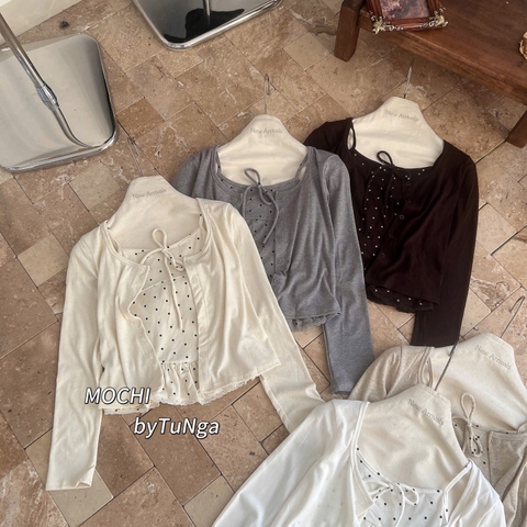 Áo kiểu set khoác áo dây chấm bi