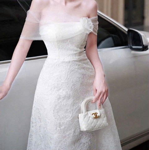 Đầm trễ vai voan phối gấm cao cấp sang chảnh dáng chữ A dài đi tiệc