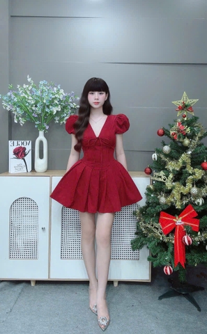 Váy ngắn dáng xoè tay phồng cổ tim dây nơ LS