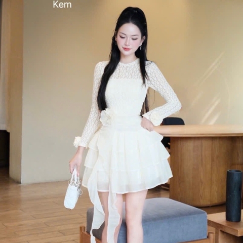 Đầm thiết kế ren cổ tròn cao cấp phối tơ tay dài dáng ngắn