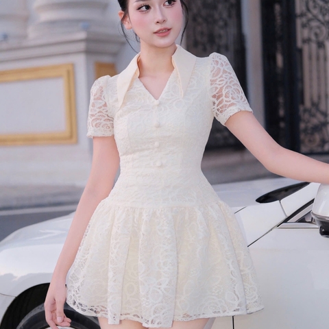Đầm cổ sơ mi dáng xoè cúc bọc dáng ngắn chất ren đi tiệc cao cấp