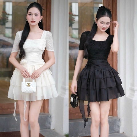 Đầm ngắn 2 tầng xoè cổ vuông thiết cao cấp sang chảnh đơn giản co dãn có tay phối tầng voan