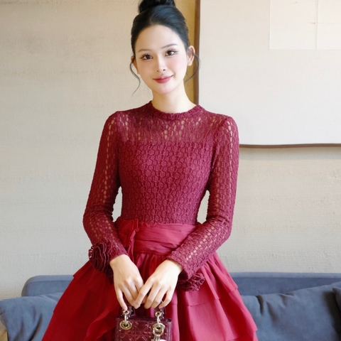 Đầm thiết kế cao cấp cổ tròn tay dài dáng ngắn đa tầng