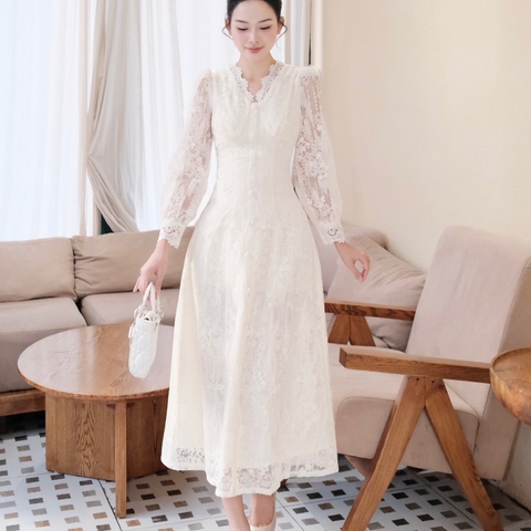 Đầm thiết kế cổ ren sang chảnh cổ V dáng dài
