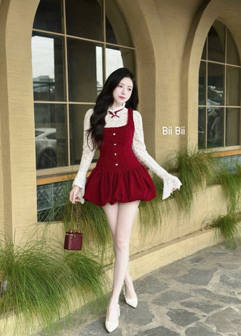 Đầm nhung tay dài phối ren cao cấp