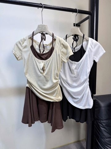 Đầm chữ A cổ yếm kèm cái thun giấy nhún eo bên ngoài