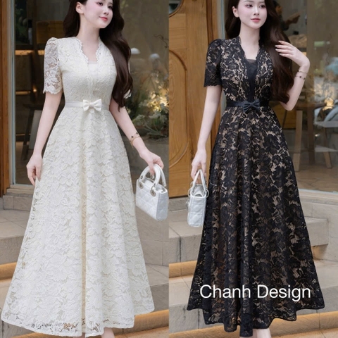Đầm thiết kế ren cổ V nơ eo
