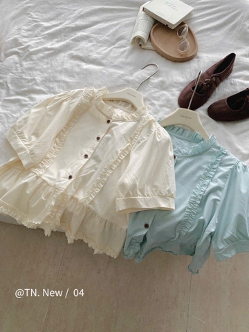 Áo kiểu babydoll phối bèo cúc nâu