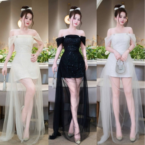 Đầm thiết kế kim sa trễ vai phối lưới dài