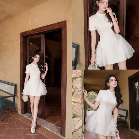 Đầm thiết kế cổ sen phối ren 2 bên eo