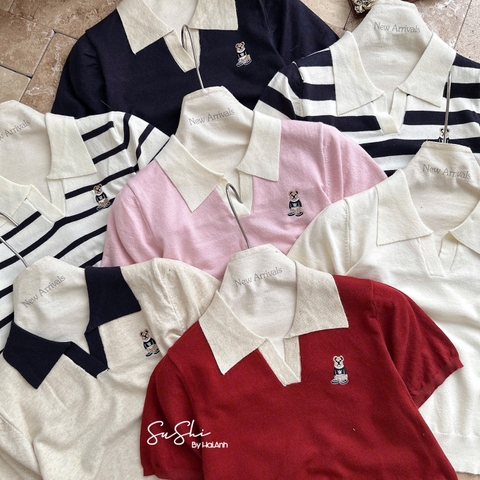 Áo len cổ V thêu gấu