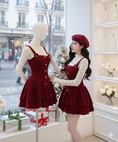 Set yếm nhung cổ vuông