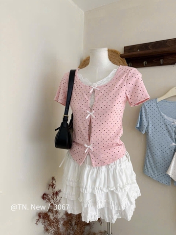 Áo kiểu thun chấm bi phối ren nơ trắng