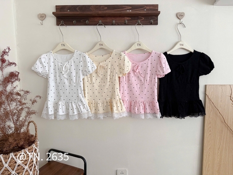 Áo kiểu chấm bi thắt nơ bèo ren tay nhí