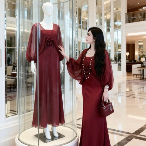 Đầm thiết kế lụa áo choàng nơ hoa