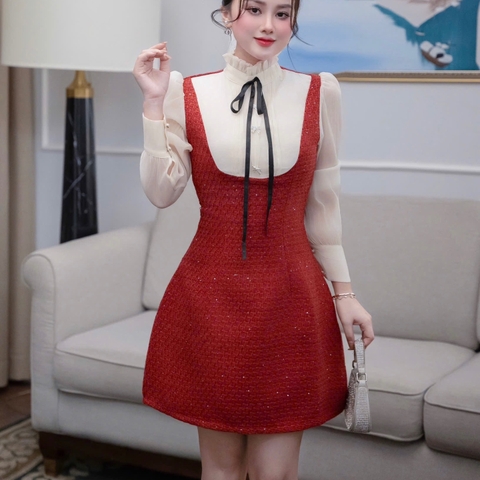 Đầm cổ tròn cao phối dạ dáng chữ A ngắn tay dài voan