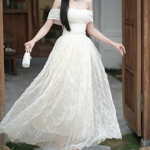 Đầm đi tiệc trễ vai bảng ngực xoè sóng dáng dài
