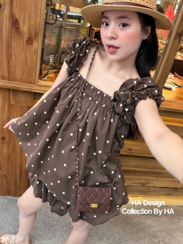 Set kiểu chấm bi babydoll nâu tay cánh tiên nhúng