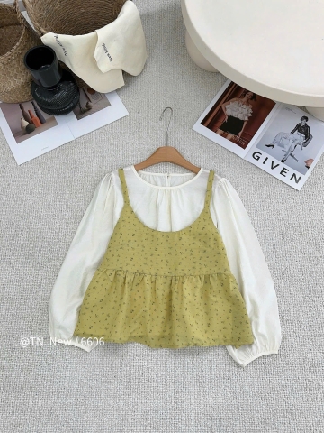Áo kiểu phối tay dài 2 dây hoa nhí