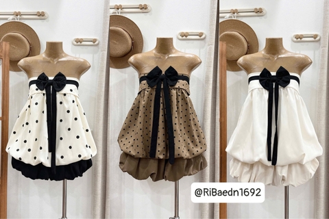 Set kiểu áo cúp ngực nơ chân váy bí phồng