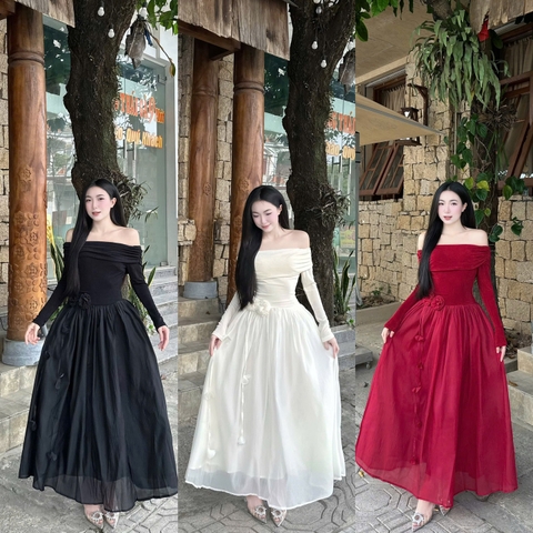 Đầm thiết kế dáng dài trễ vai phối hoa