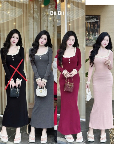 Đầm body dáng dài phối cúc kèm viền ren