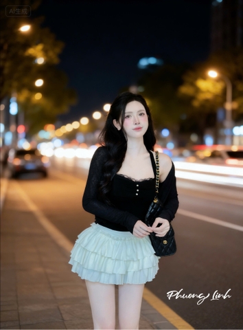 Set áo dây cổ kèm khoác chân váy tầng