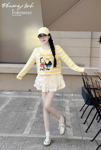 Set áo thun tay dài sọc ngang in hoạ tiết  croptop + cv tầng phối ren
