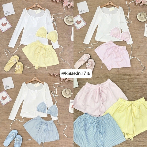 Set bikini 3 món áo tay dài áo dây quần ngắn thun kèm kẹp hoa