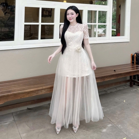Đầm thiết kế ren voan thắt eo nơ hoa