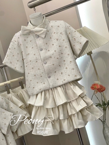 Set áo dạ tweed dáng lửng cổ nơ lệch + cv tầng