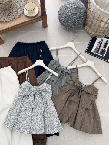 Set áo 2 dây hoa nhí kèm quần ống rộng bo ren