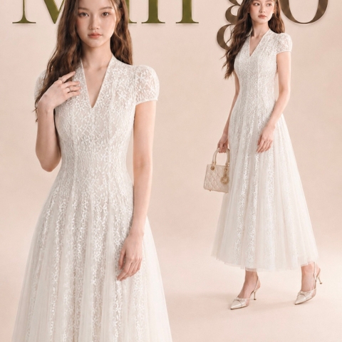 Đầm thiết kế cổ V tay phồng dáng dài