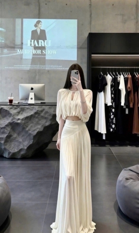 Set áo tay phồng kèm chân váy dáng dài